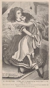 Una escena conmovedora, Ilustración de una mujer rescatando a su hermana durante el incendio de Chicago de 1871, del libro de George L. Barclay, El gran incendio de Chicago, 1872 de American School